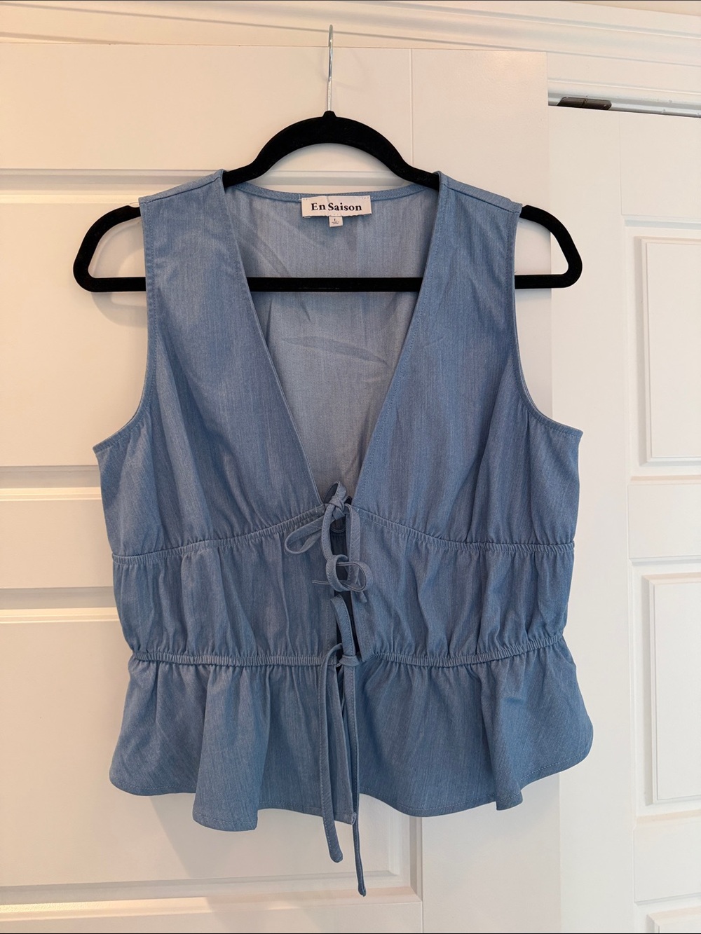 En Saison Light Blue denim Tie-Front Peplum Camisole
